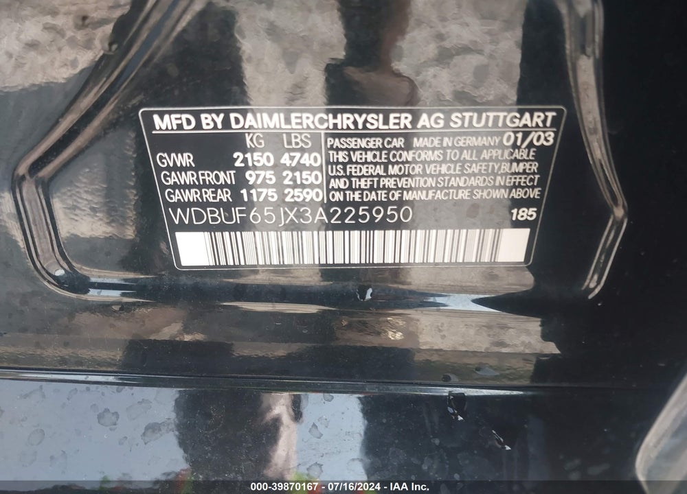 2003 MERCEDES-BENZ E 320 VIN: WDBUF65JX3A225950