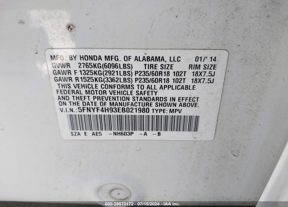 2014 HONDA PILOT TOURING VIN: 5FNYF4H93EB021980