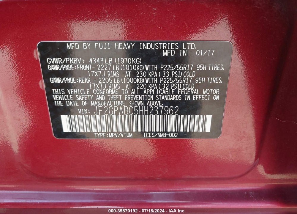 2017 SUBARU CROSSTREK 2.0I PREMIUM VIN: JF2GPABC5HH237962