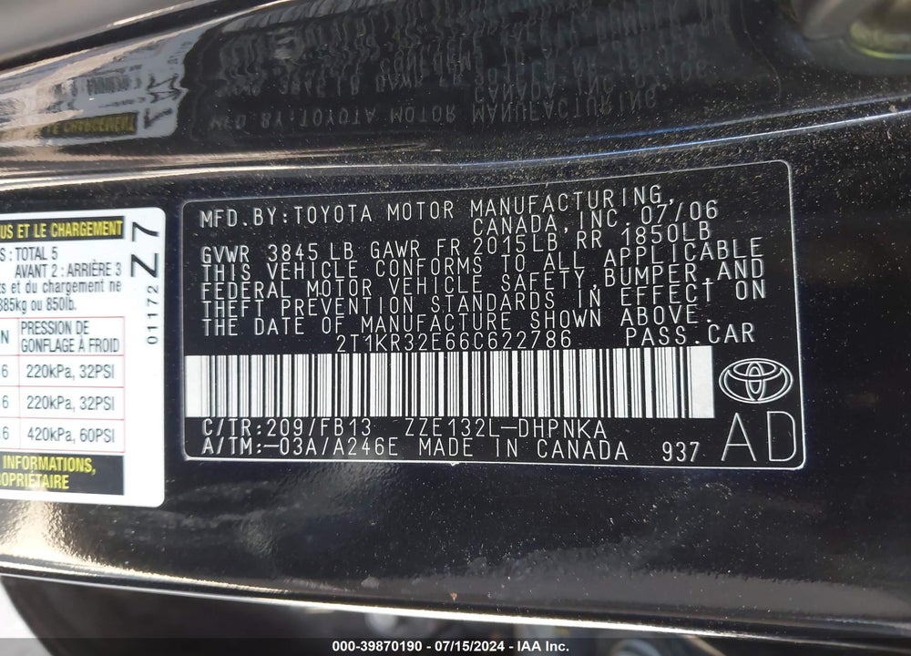2006 TOYOTA MATRIX/XR VIN: 2T1KR32E66C622786