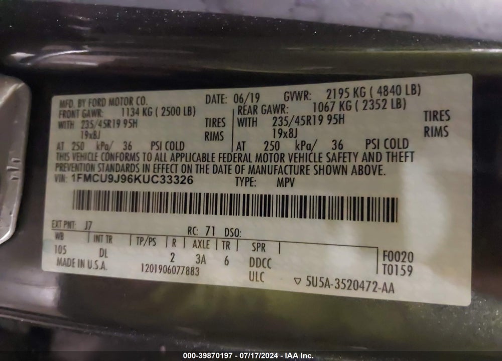 2019 FORD ESCAPE TITANIUM VIN: 1FMCU9J96KUC33326