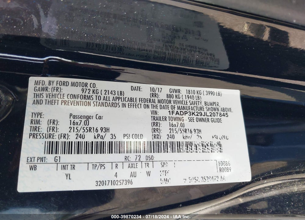 2018 FORD FOCUS SE VIN: 1FADP3K29JL207845