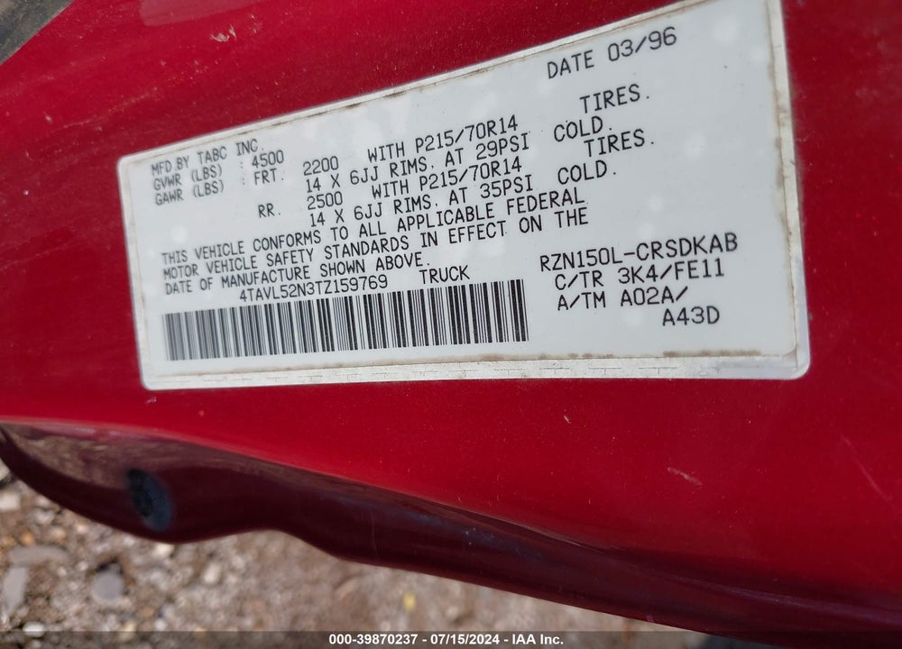 1996 TOYOTA TACOMA XTRACAB VIN: 4TAVL52N3TZ159769