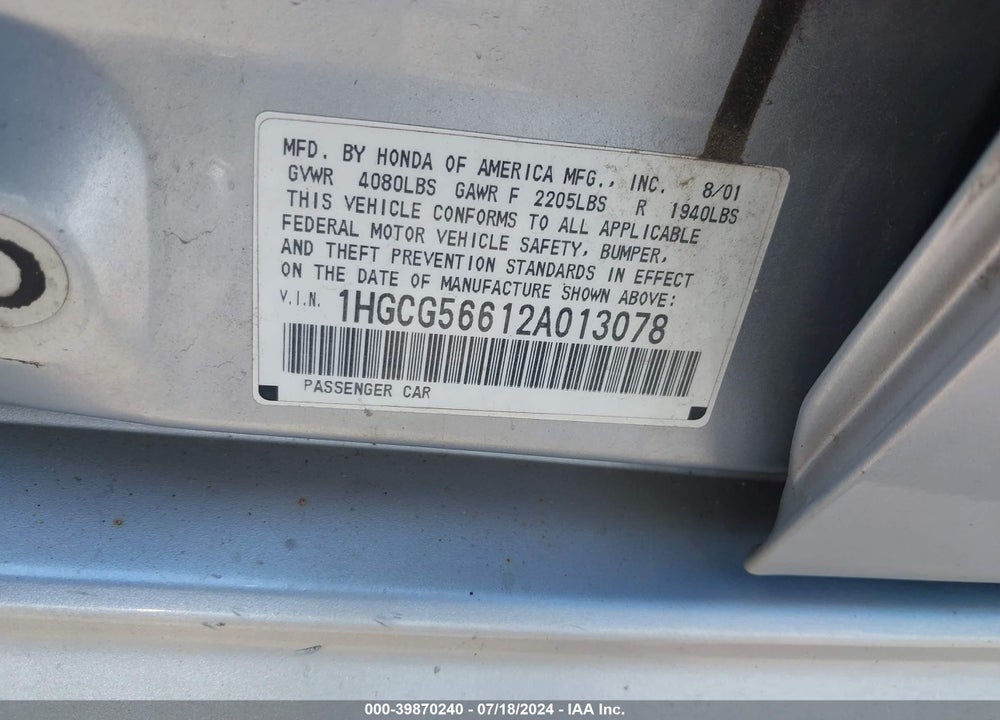 2002 HONDA ACCORD 2.3 EX VIN: 1HGCG56612A013078