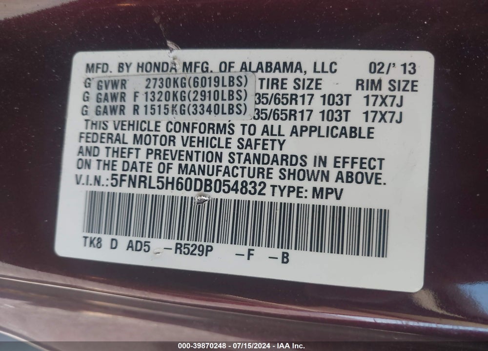 2013 HONDA ODYSSEY EX-L VIN: 5FNRL5H60DB054832