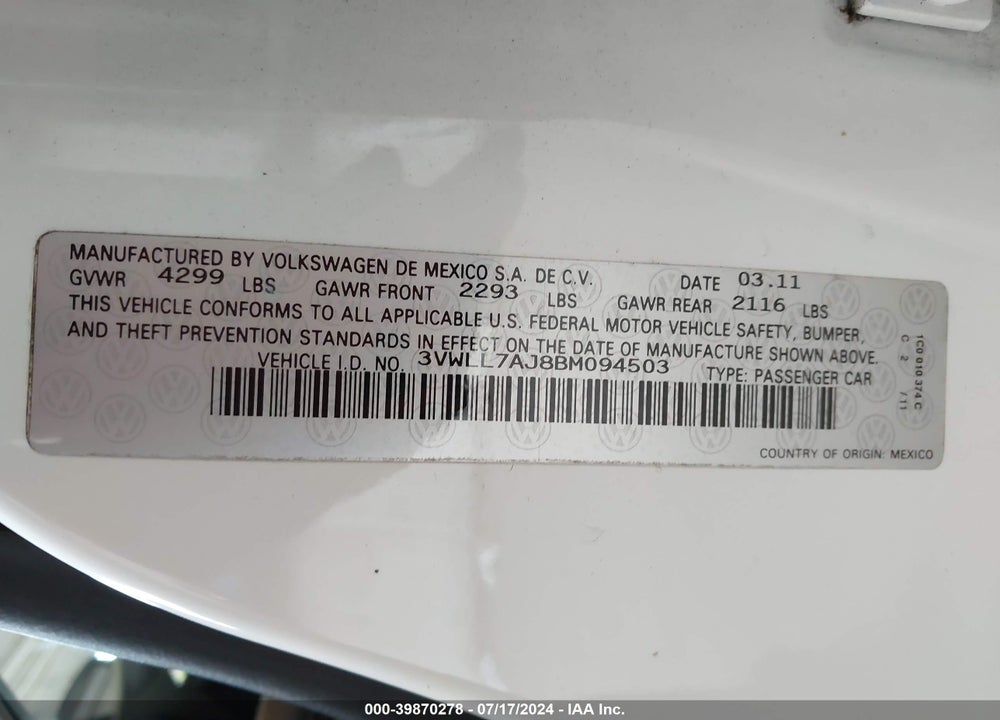 2011 VOLKSWAGEN JETTA 2.0L TDI VIN: 3VWLL7AJ8BM094503