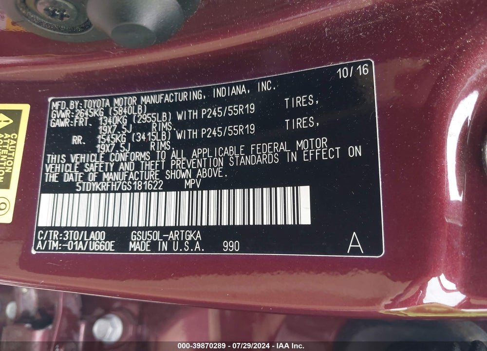 2016 TOYOTA HIGHLANDER VIN: 5TDYKRFH7GS181622