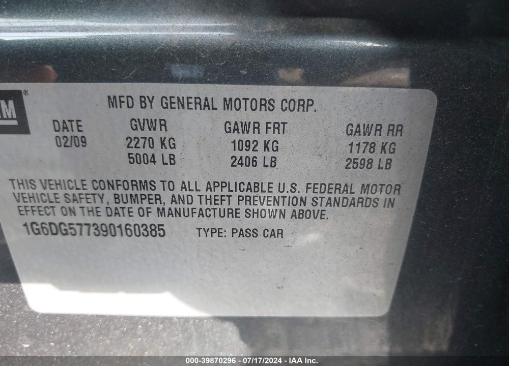 2009 CADILLAC CTS STANDARD VIN: 1G6DG577390160385