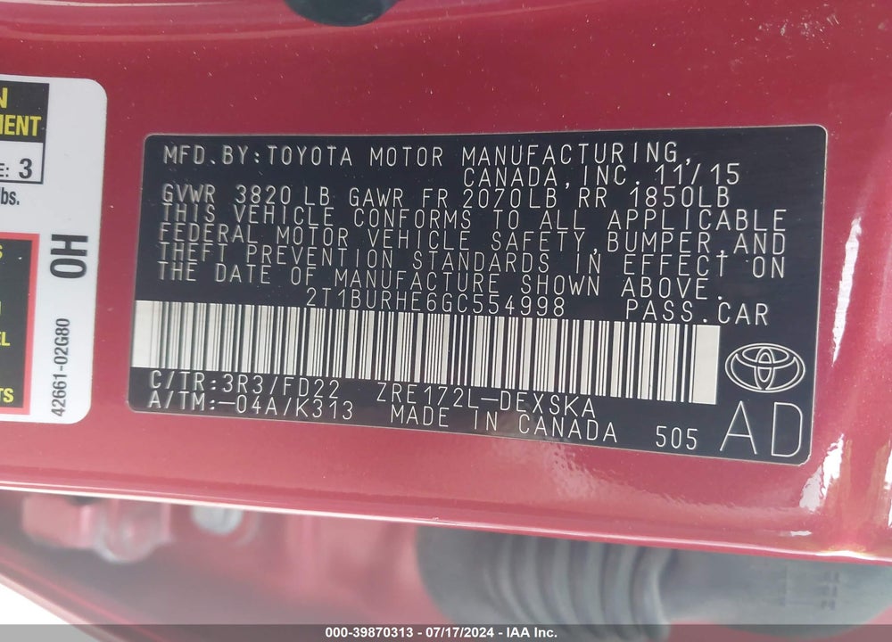 2016 TOYOTA COROLLA S PLUS VIN: 2T1BURHE6GC554998