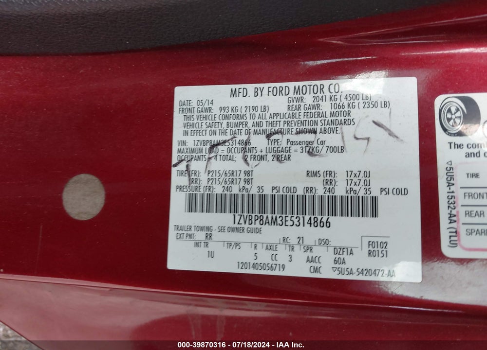 2014 FORD MUSTANG V6 VIN: 1ZVBP8AM3E5314866