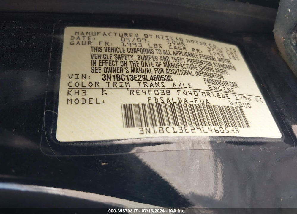 2009 NISSAN VERSA 1.8S VIN: 3N1BC13E29L460535