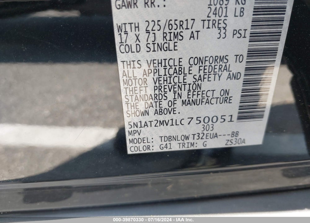 2020 NISSAN ROGUE SV INTELLIGENT AWD VIN: 5N1AT2MV1LC750051