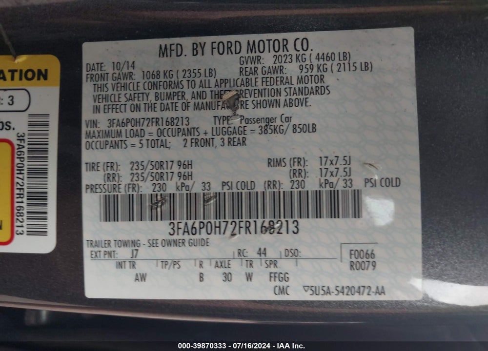 2015 FORD FUSION SE VIN: 3FA6P0H72FR168213