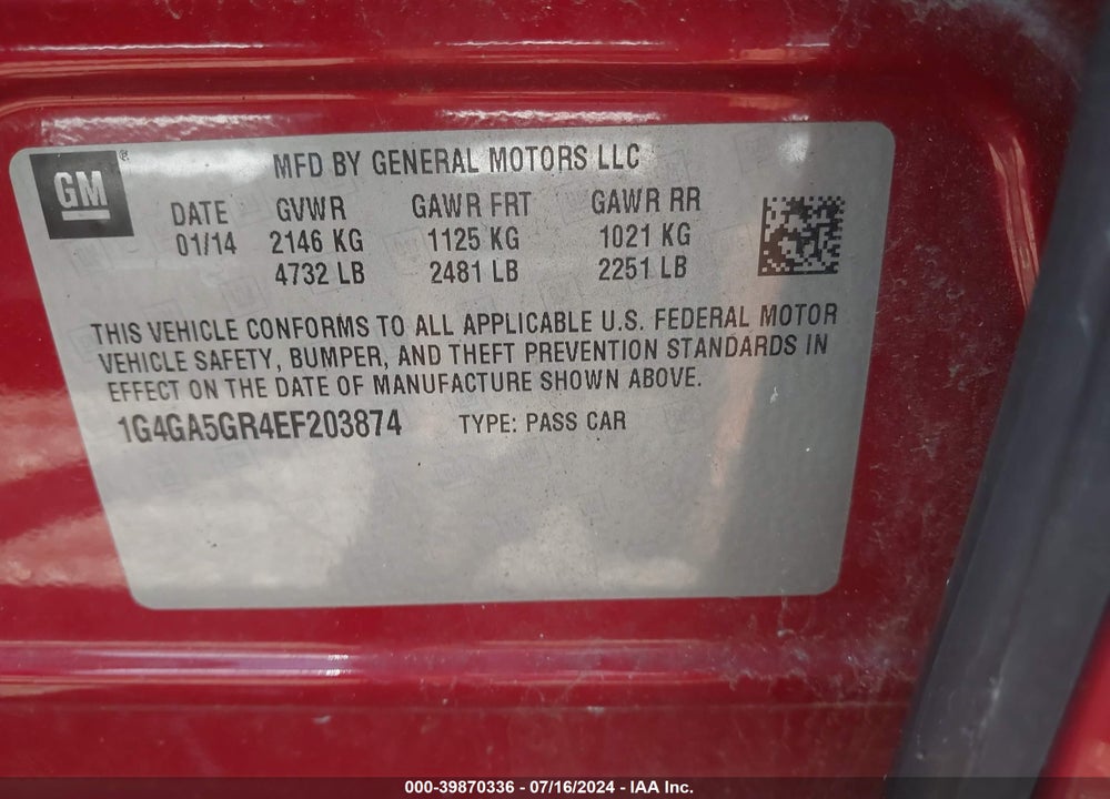 2014 BUICK LACROSSE VIN: 1G4GA5GR4EF203874