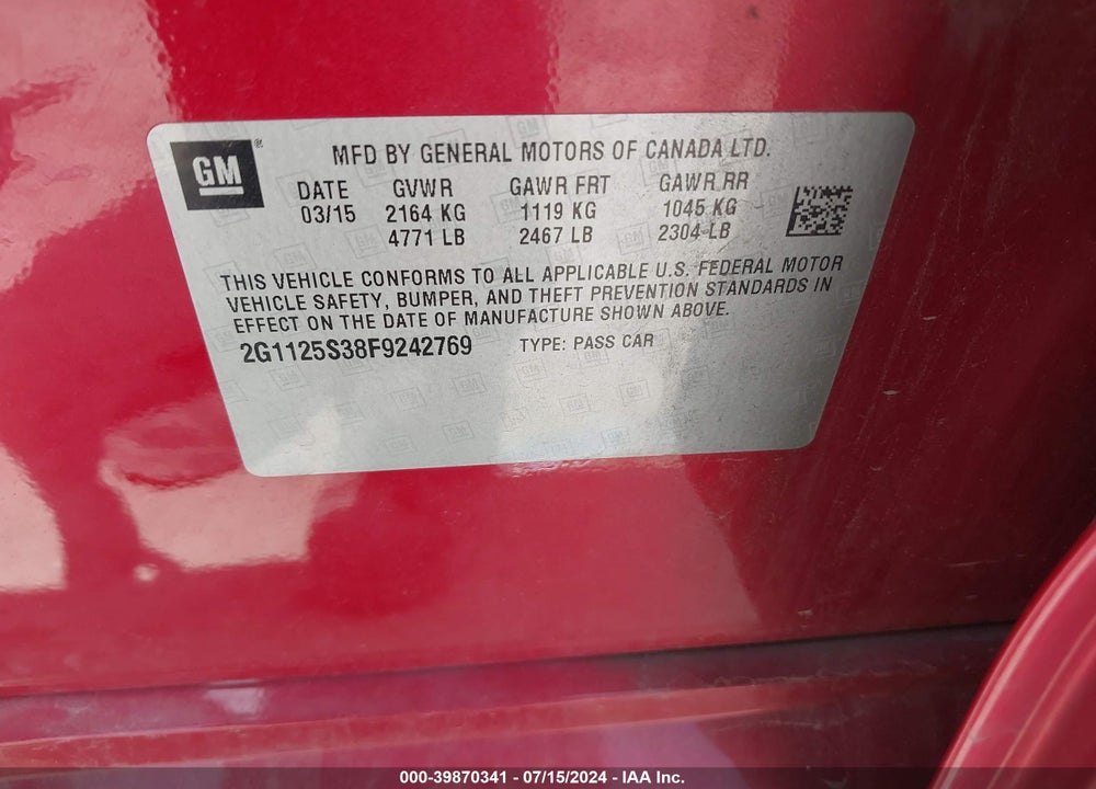2015 CHEVROLET IMPALA 2LT VIN: 2G1125S38F9242769