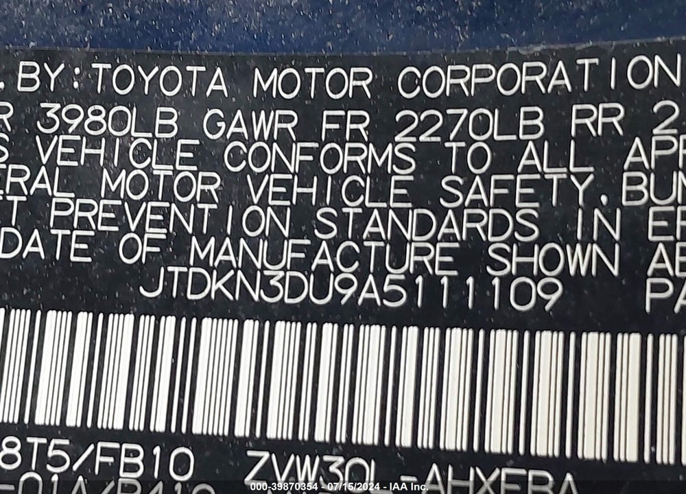 2010 TOYOTA PRIUS II VIN: JTDKN3DU9A5111109