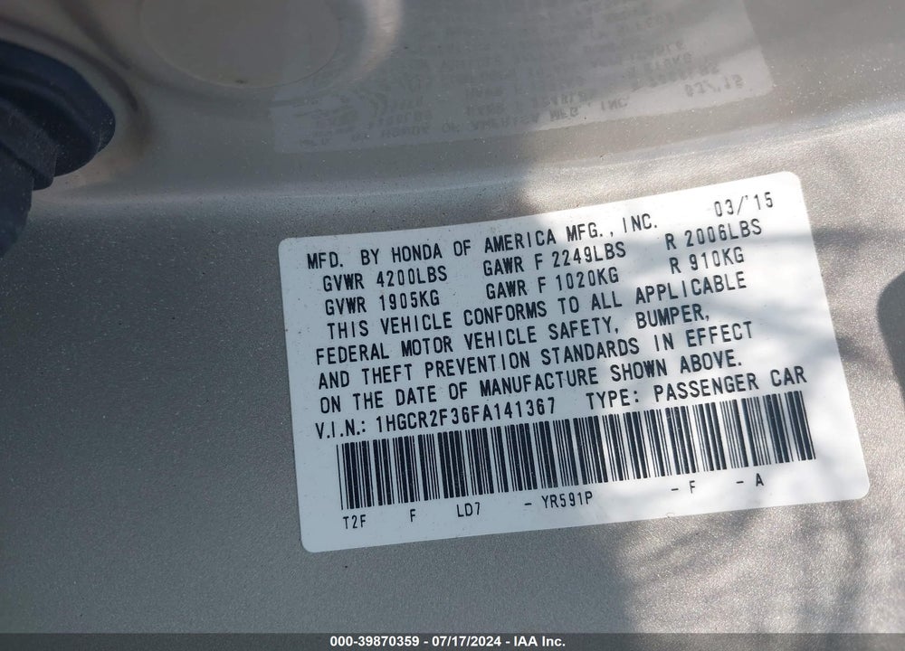 2015 HONDA ACCORD LX VIN: 1HGCR2F36FA141367
