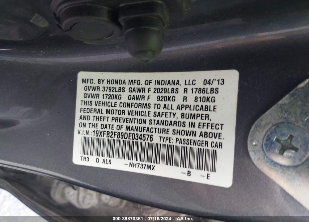 2013 HONDA CIVIC EX VIN: 19XFB2F89DE034576