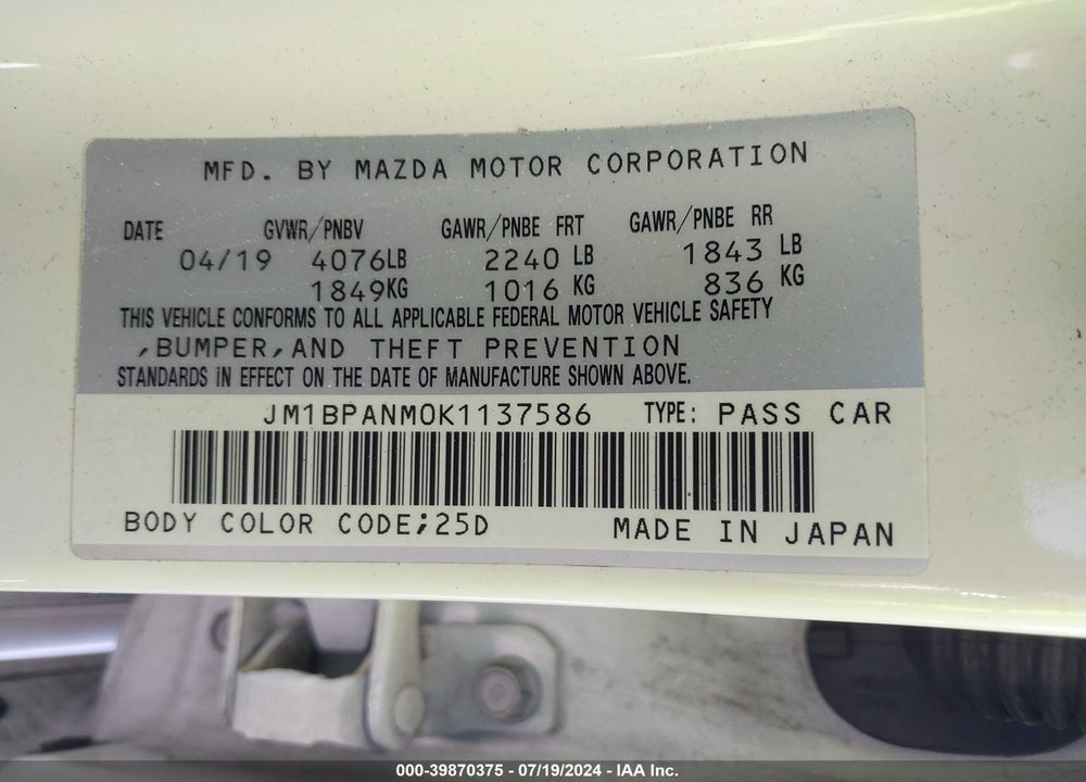 2019 MAZDA 3 PREMIUM PACKAGE VIN: JM1BPANM0K1137586