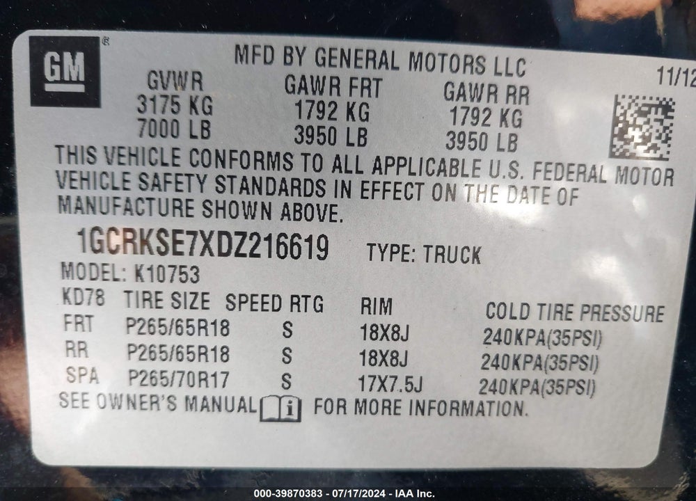 2013 CHEVROLET SILVERADO 1500 LT VIN: 1GCRKSE7XDZ216619