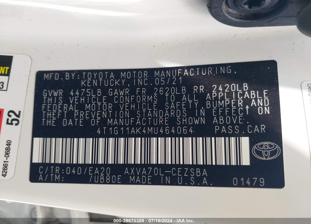 2021 TOYOTA CAMRY SE VIN: 4T1G11AK4MU464064