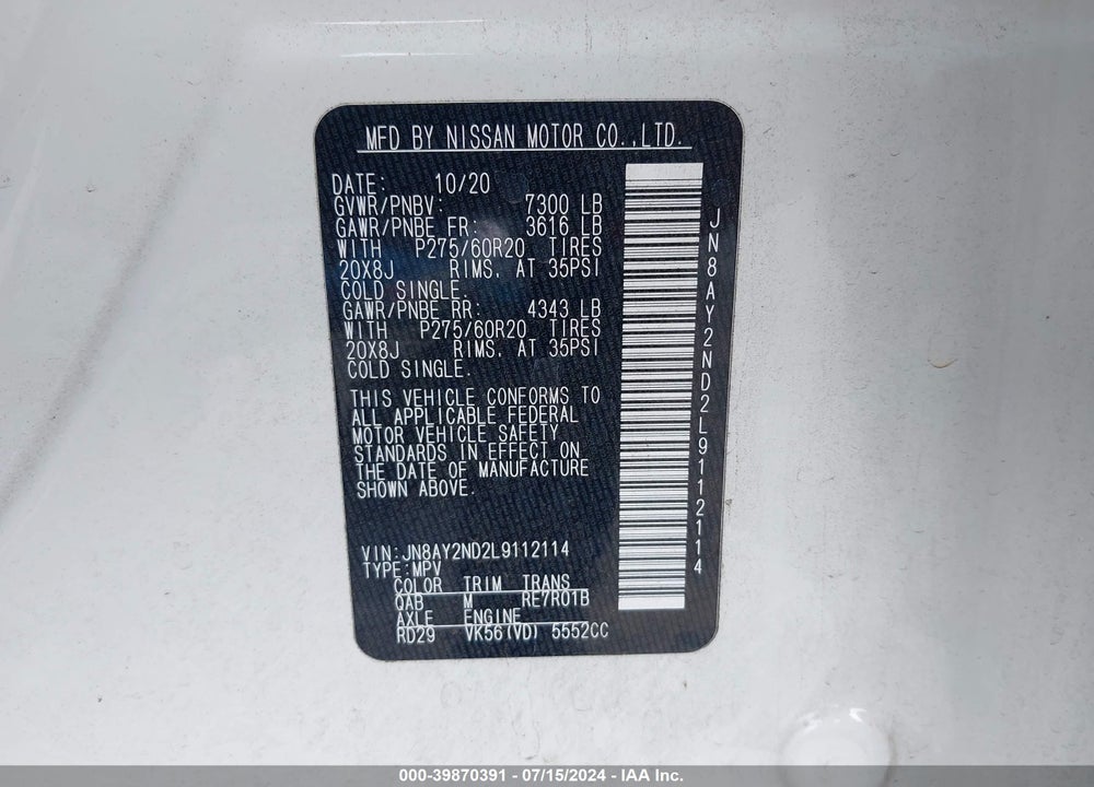 2020 NISSAN ARMADA PLATINUM 2WD VIN: JN8AY2ND2L9112114