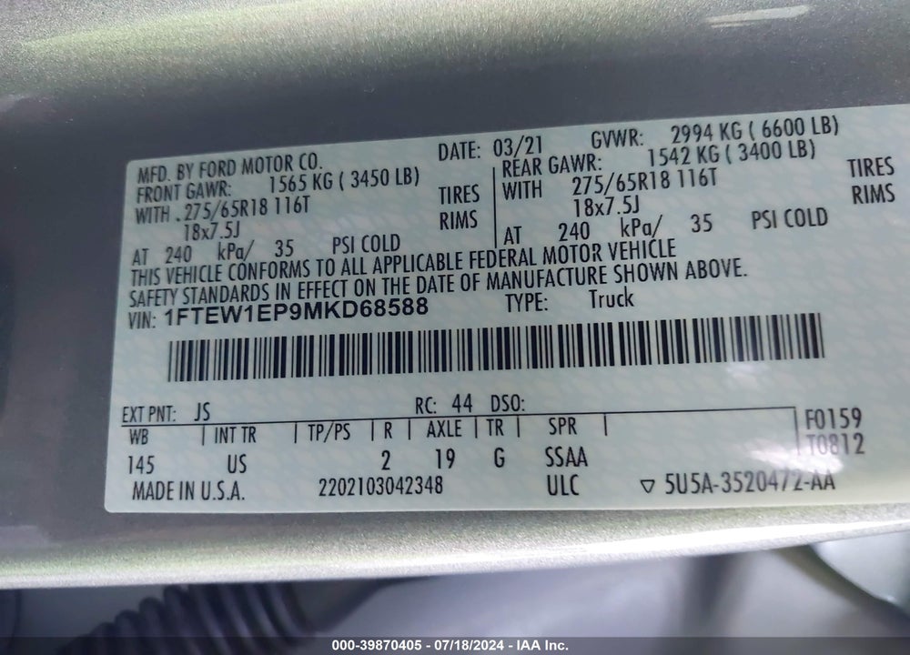 2021 FORD F-150 XLT VIN: 1FTEW1EP9MKD68588