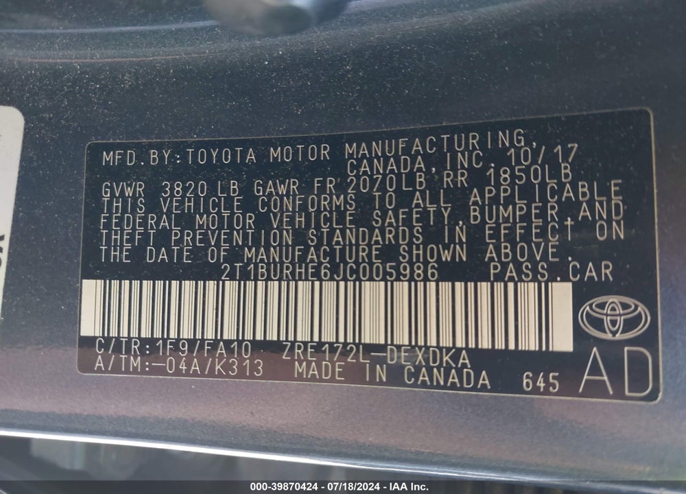 2018 TOYOTA COROLLA L VIN: 2T1BURHE6JC005986