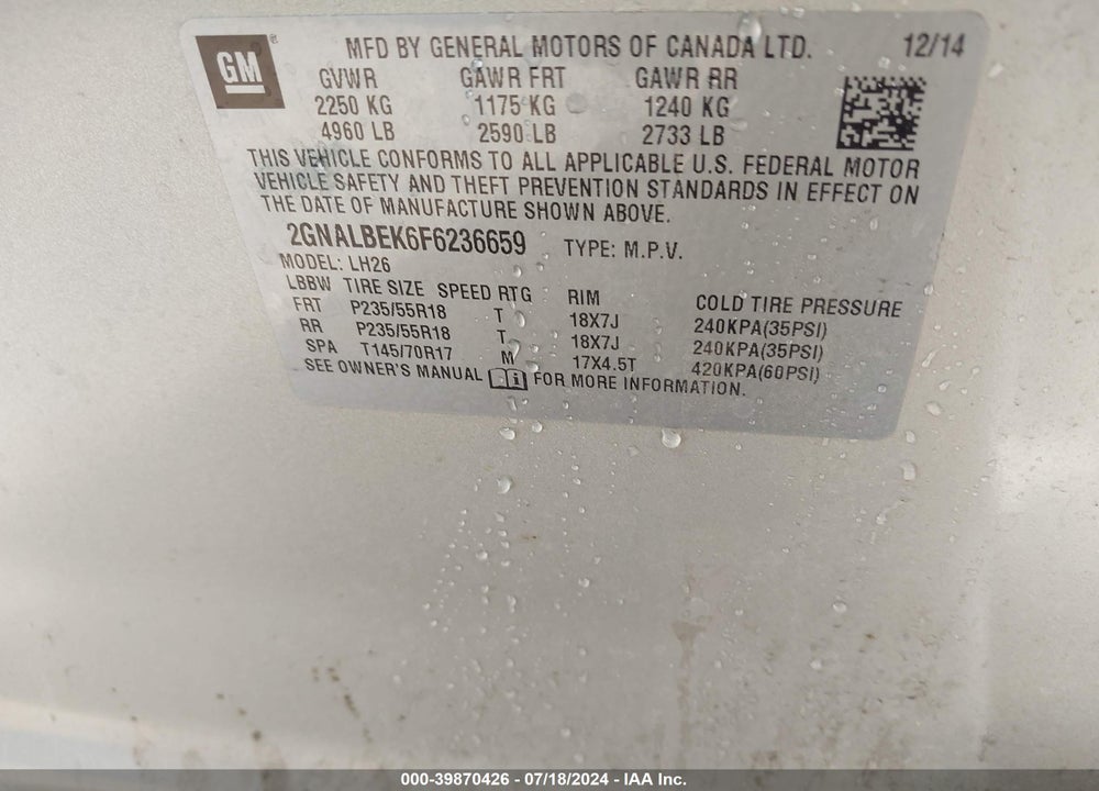 2015 CHEVROLET EQUINOX 1LT VIN: 2GNALBEK6F6236659