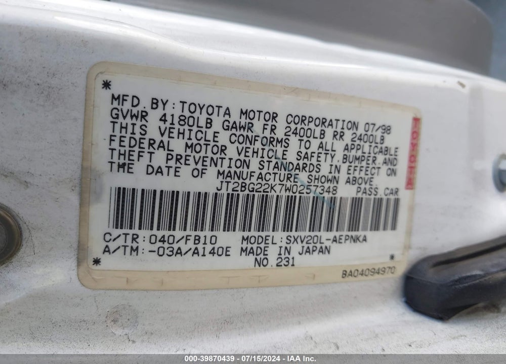 1998 TOYOTA CAMRY LE VIN: JT2BG22K7W0257348