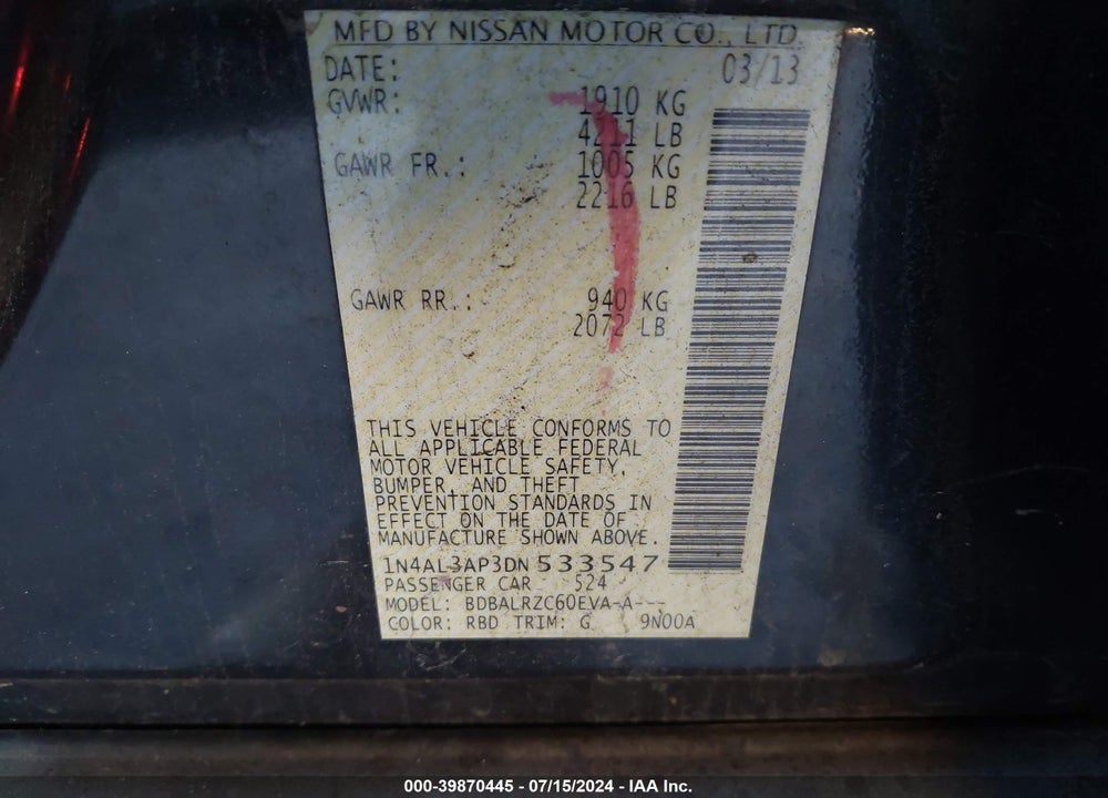 2013 NISSAN ALTIMA 2.5 S VIN: 1N4AL3AP3DN533547