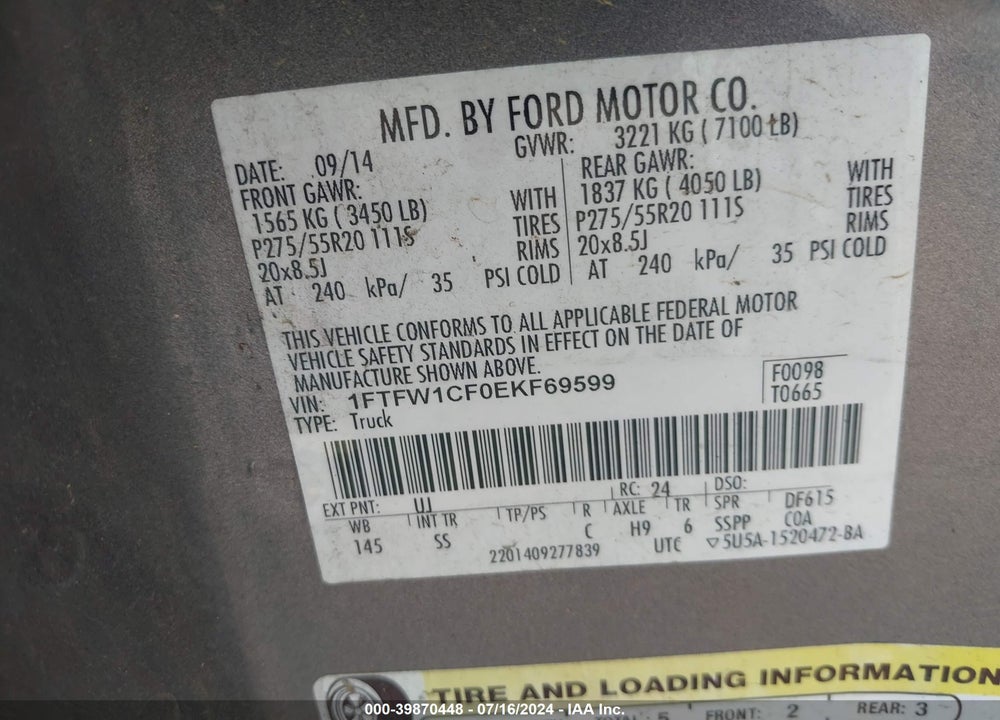 2014 FORD F-150 STX VIN: 1FTFW1CF0EKF69599