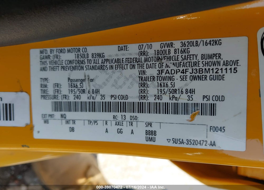 2011 FORD FIESTA SES VIN: 3FADP4FJ3BM121115