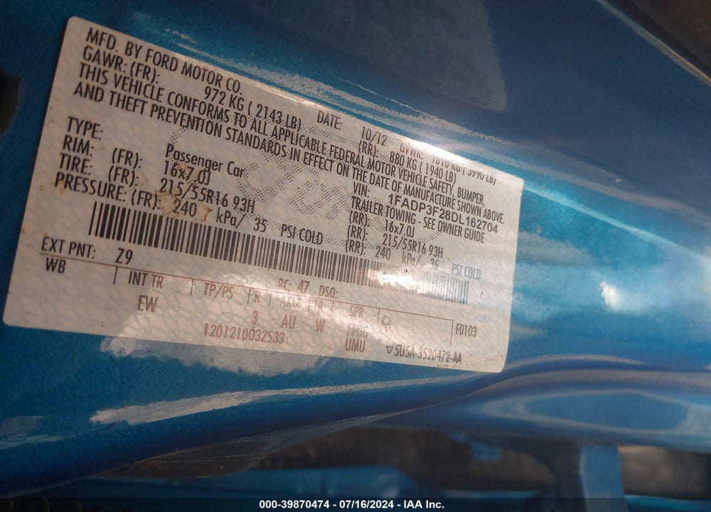 2013 FORD FOCUS SE VIN: 1FADP3F28DL162704