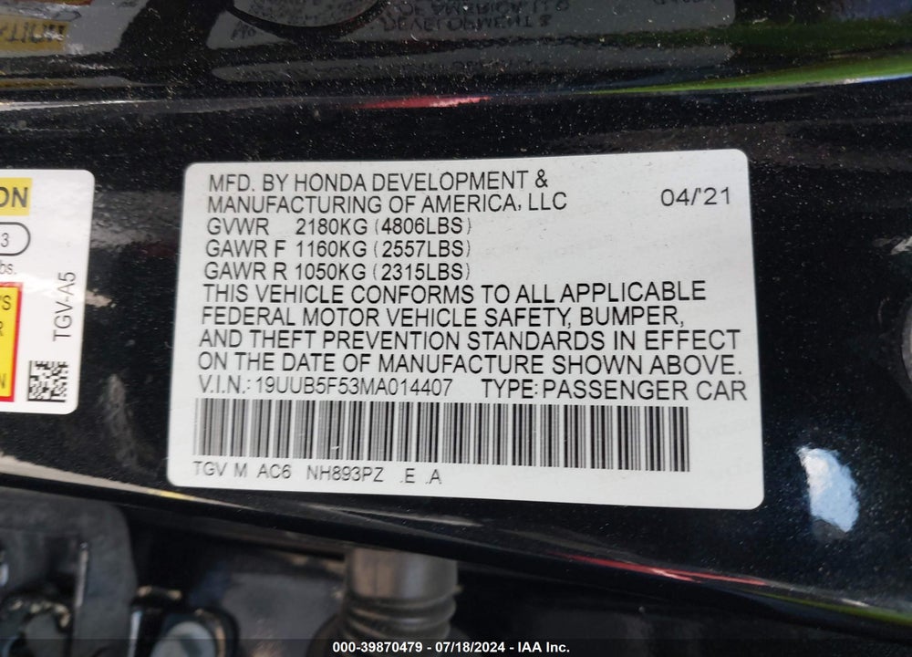 2021 ACURA TLX A-SPEC PACKAGE VIN: 19UUB5F53MA014407