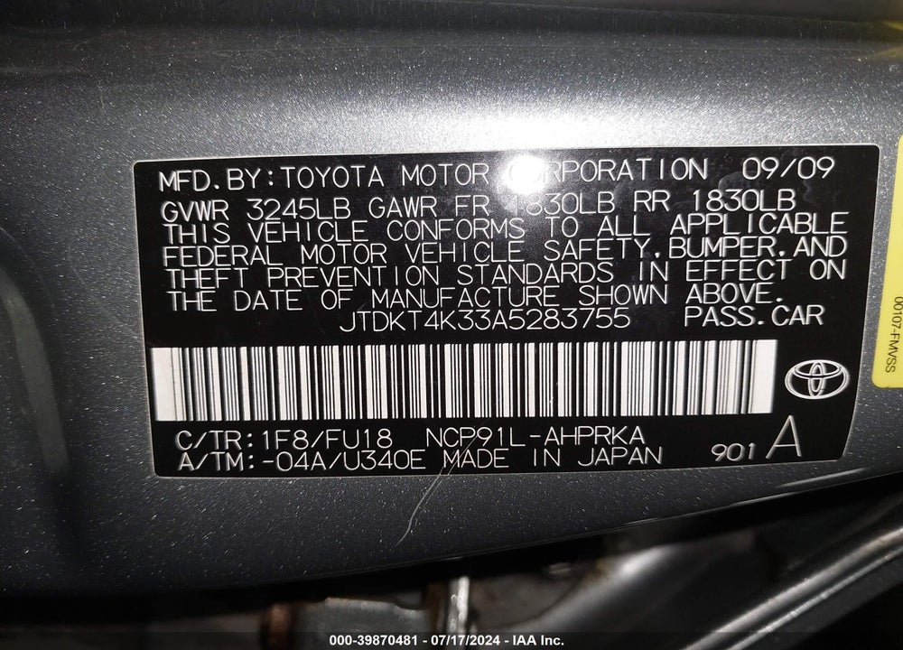 2010 TOYOTA YARIS VIN: JTDKT4K33A5283755