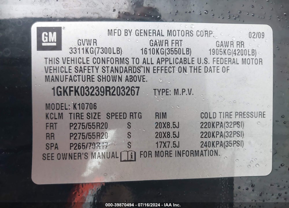 2009 GMC YUKON DENALI VIN: 1GKFK03239R203267