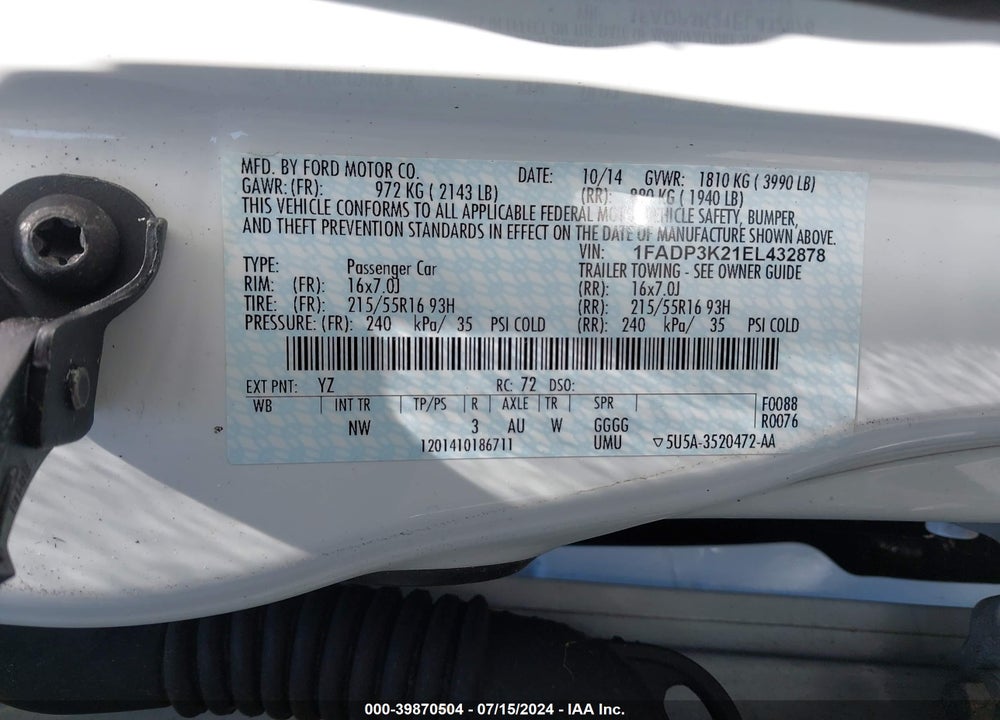 2014 FORD FOCUS SE VIN: 1FADP3K21EL432878