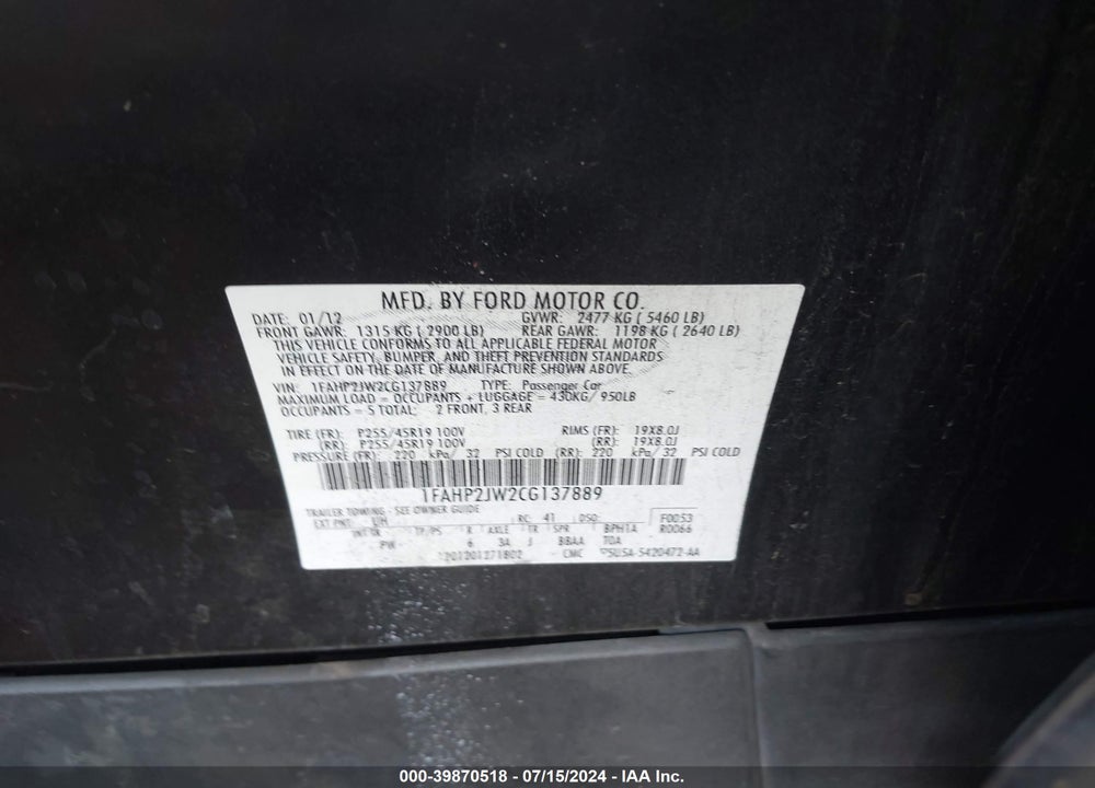 2012 FORD TAURUS LIMITED VIN: 1FAHP2JW2CG137889