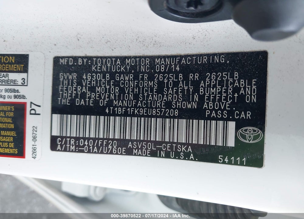 2014 TOYOTA CAMRY SE VIN: 4T1BF1FK9EU857208
