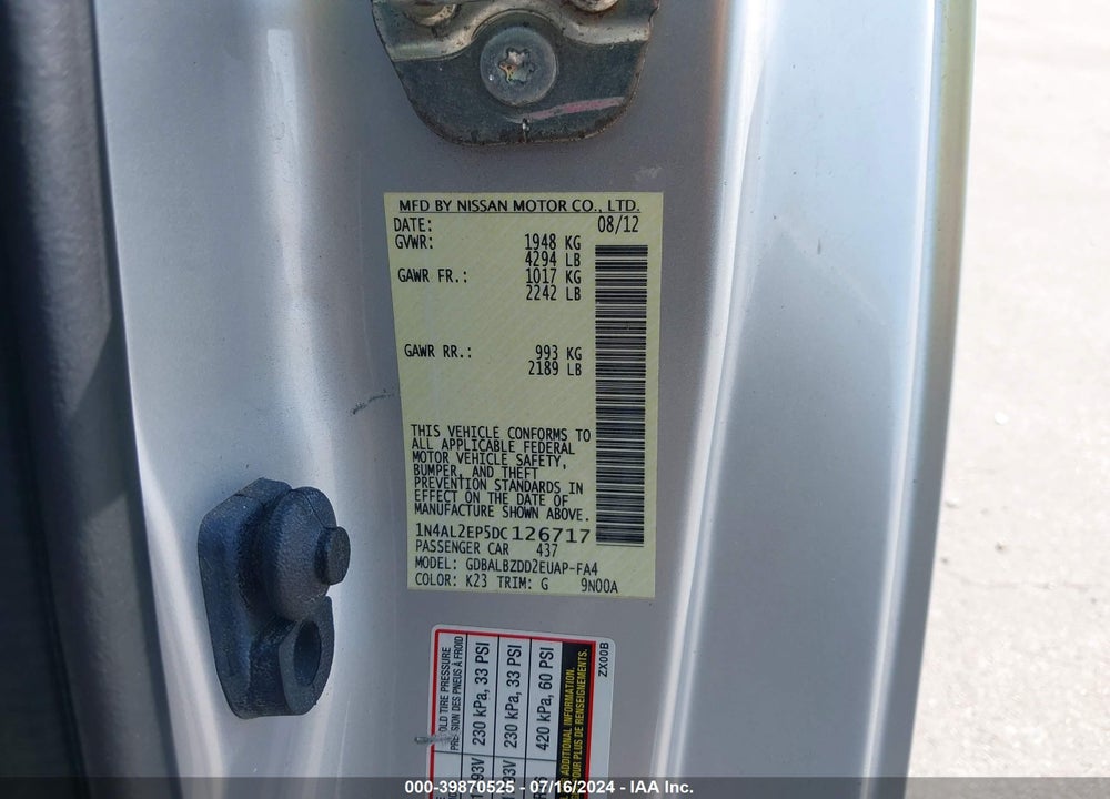 2013 NISSAN ALTIMA 2.5 S VIN: 1N4AL2EP5DC126717