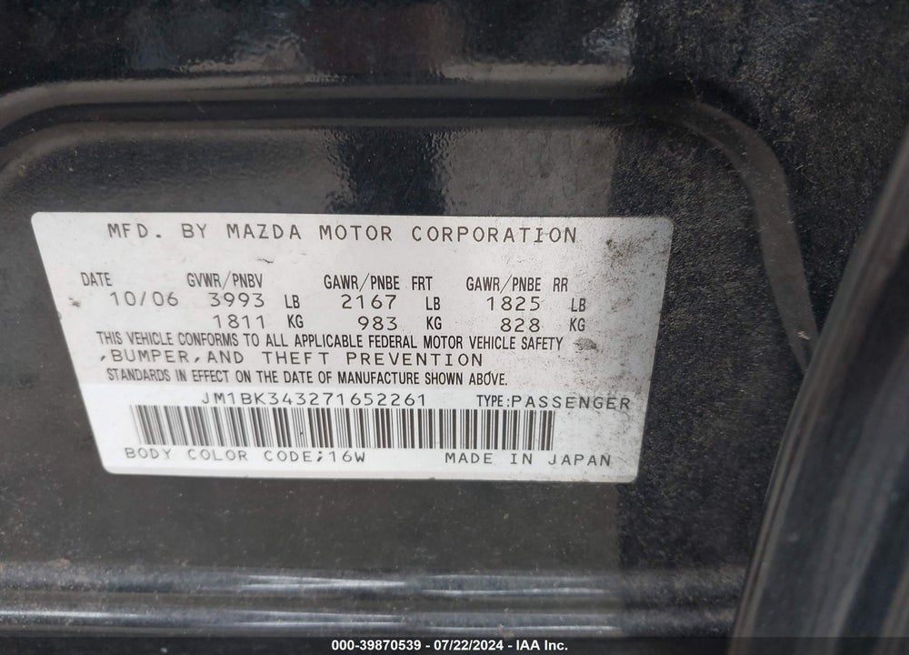 2007 MAZDA 3 S GRAND TOURING VIN: JM1BK343271652261