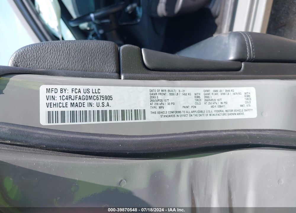 2021 JEEP GRAND CHEROKEE LAREDO X 4X4 VIN: 1C4RJFAG0MC675905