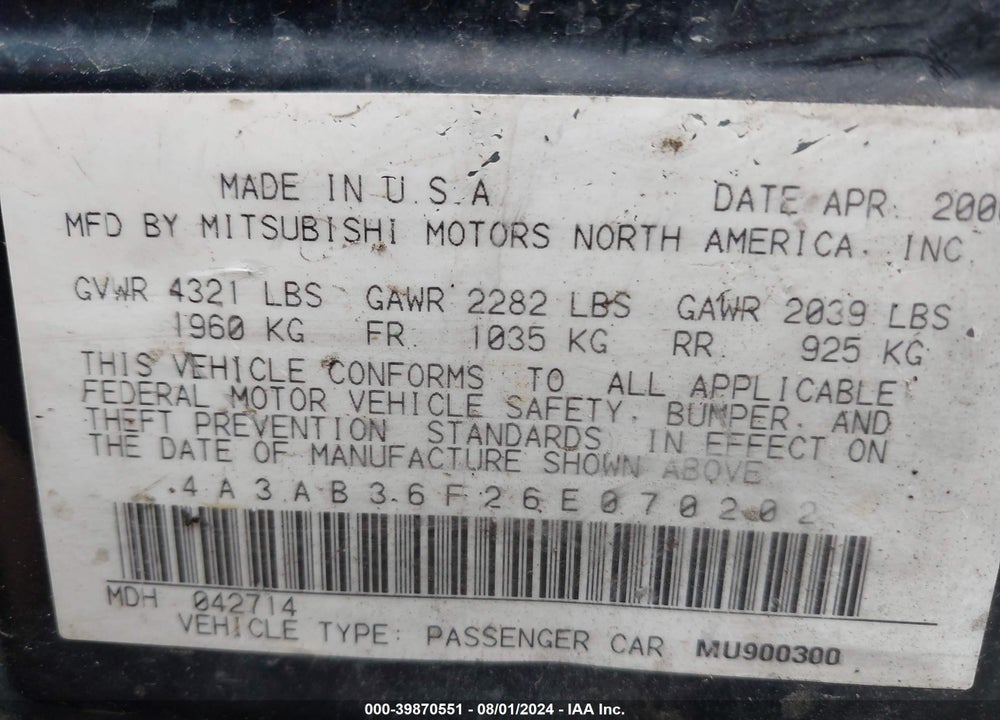 2006 MITSUBISHI GALANT ES/SE VIN: 4A3AB36F26E070202