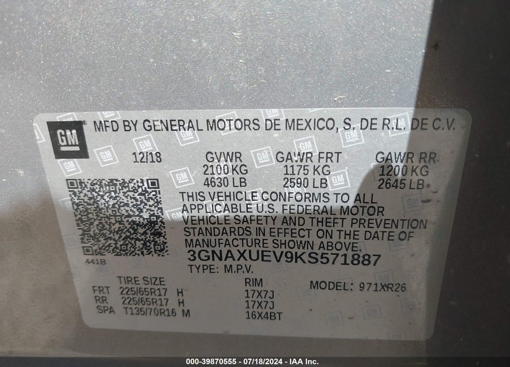 2019 CHEVROLET EQUINOX LT VIN: 3GNAXUEV9KS571887