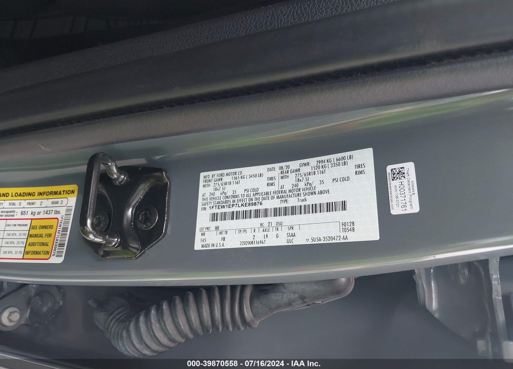 2020 FORD F-150 XLT VIN: 1FTEW1EP7LKE89876