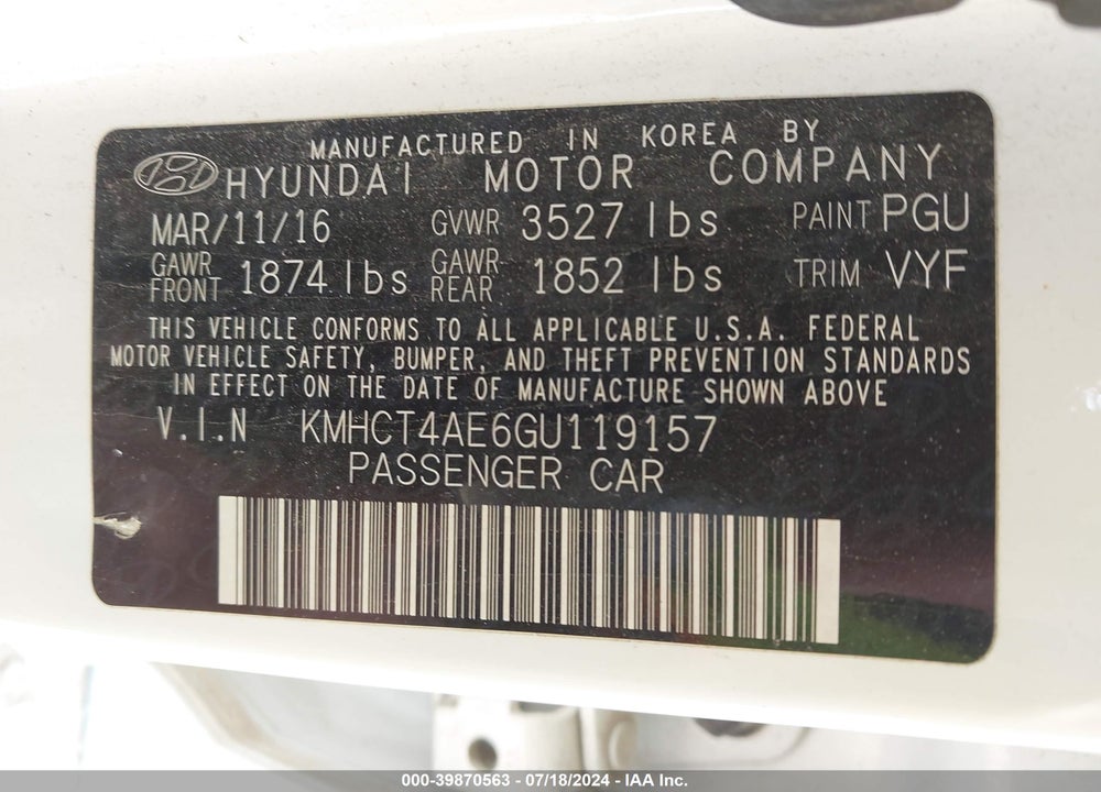 2016 HYUNDAI ACCENT SE VIN: KMHCT4AE6GU119157
