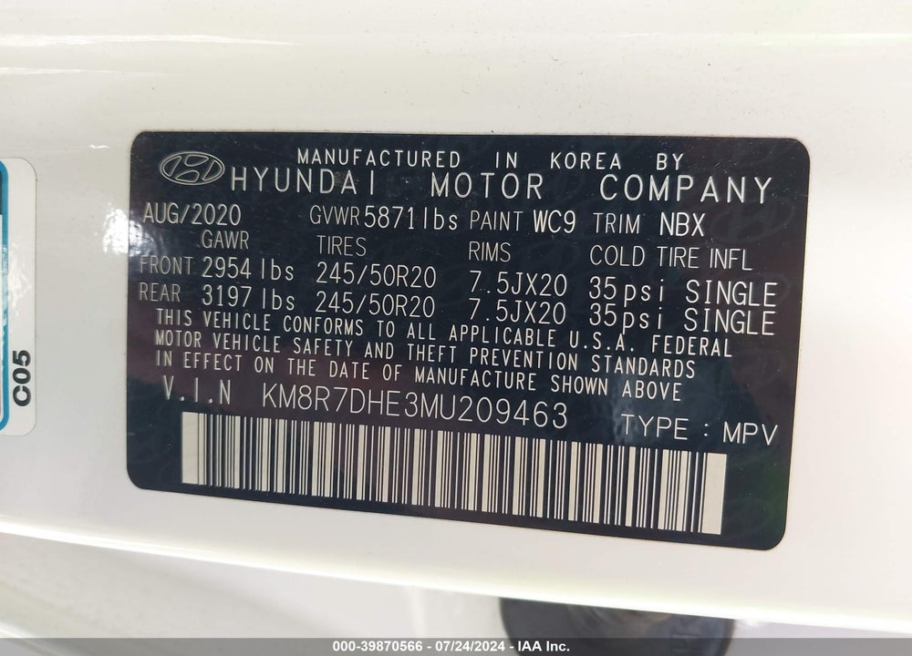 2021 HYUNDAI PALISADE CALLIGRAPHY VIN: KM8R7DHE3MU209463