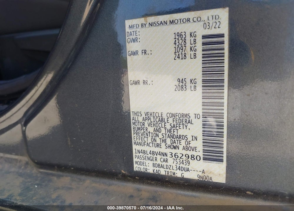 2022 NISSAN ALTIMA S FWD VIN: 1N4BL4BV4NN362980