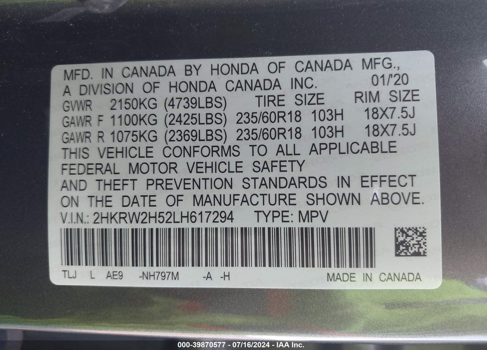 2020 HONDA CR-V AWD EX VIN: 2HKRW2H52LH617294